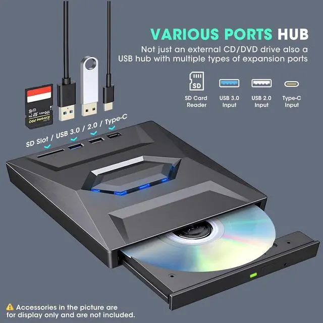 Alt view image 4 of 7 - External DVD Drive, CD Drive Burner DVD Player with USB 3.0 & USB-C Hub and SD Card Reader, Portable DVD CD ROM +/-RW Disk Drive Writer for Laptop Mac Windows 11/10/8/7 Linux Computer PC