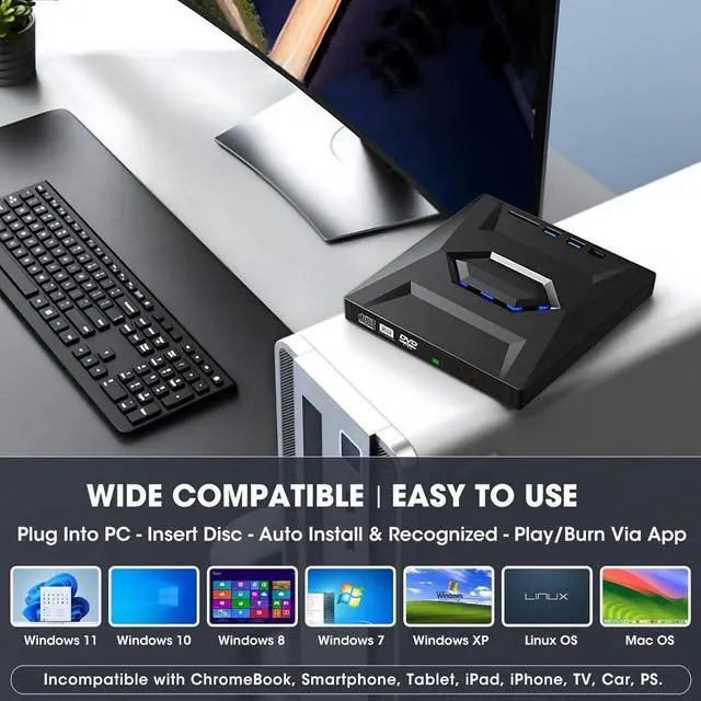 Alt view image 2 of 7 - External DVD Drive, CD Drive Burner DVD Player with USB 3.0 & USB-C Hub and SD Card Reader, Portable DVD CD ROM +/-RW Disk Drive Writer for Laptop Mac Windows 11/10/8/7 Linux Computer PC