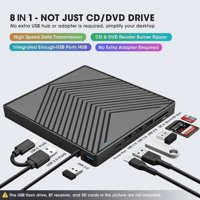 Alt view image 6 of 7 - 8-In-1 External DVD Driver USB, Portable CD/DVD +/-RW Drive/DVD Player with SD/TF Card Reader USB3.0 Hub USB C Power Port CD ROM Burner Compatible with Laptop Mac MacBook PC Windows Linux