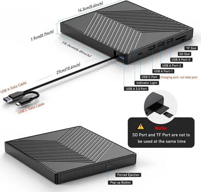 Alt view image 4 of 7 - 8-In-1 External DVD Driver USB, Portable CD/DVD +/-RW Drive/DVD Player with SD/TF Card Reader USB3.0 Hub USB C Power Port CD ROM Burner Compatible with Laptop Mac MacBook PC Windows Linux