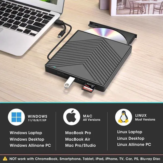 Alt view image 2 of 7 - 8-In-1 External DVD Driver USB, Portable CD/DVD +/-RW Drive/DVD Player with SD/TF Card Reader USB3.0 Hub USB C Power Port CD ROM Burner Compatible with Laptop Mac MacBook PC Windows Linux