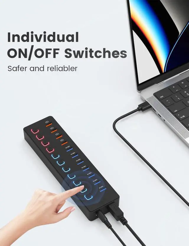 Alt view image 3 of 7 - 11-Port USB 3.0 Hub with 7 Port USB 3.0 Ports, 4 Smart Charging Ports, USB Splitter with Individual On/Off Switches and 12V/3A Power Adapter