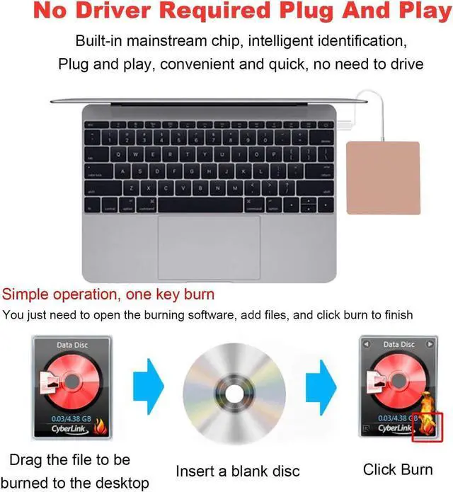 Alt view image 6 of 7 - External DVD Drive with Case, USB3.0 Type C CD Drive, Dual Port DVD-RW Player, Portable Optical Burner Writer Rewriter, High Speed Data Transfer for Laptop Notebook PC MAC OS Windows, Rose Pink