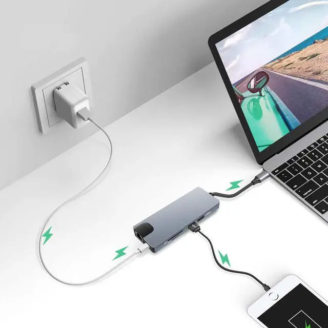 Alt view image 3 of 7 - USB C Hub,9 in 1 Type C Hub, Aluminum Alloy USB C Adapter with USB 3.0 Ports, 4K HDMI Port, Ethernet Port, SD/TF Card/Micro Card Reader, Type C Port, VGA Port, Audio Port, for MacBook Pro 13/15