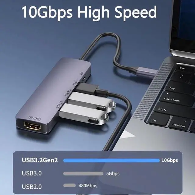 Alt view image 4 of 7 - 10Gbps USB 3.2 Hub 5-in-1, USB Hub with 4K@60Hz HDMI, 140W Power Delivery, 2*USB A 3.2 Ports, USB 3.2 Gen 2 Splitter USB Expander for Chromebook Surface Pro 3 iMac PS4 Laptop Xbox Flash Drive