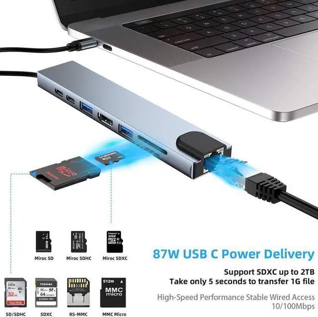 Alt view image 7 of 7 - USB C Hub, 8 in 1 Type C Hub Adapter with 4K HDMI, Ethernet, Type-C Port, PD Charging Port, SD/Micro SD Card Reader, 2 Port USB3.0/2.0 HUB for MacBook 2016/2017,Google Chromebook