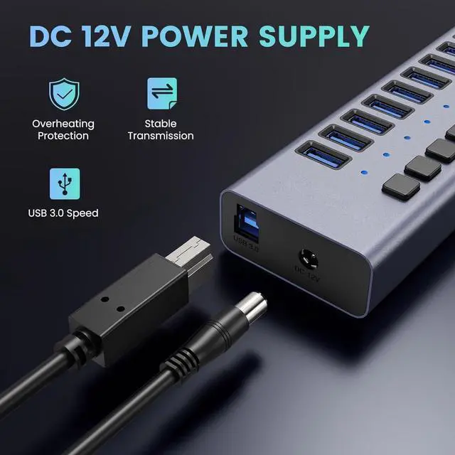 Alt view image 7 of 7 - USB 3.0 Hub, 16 Port Powered USB Hub Expander Aluminum USB 3.0 Data Port hub with Universal 12V/7.5A Adapter and Individual On/Off Switches USB Splitter for Laptop and PC
