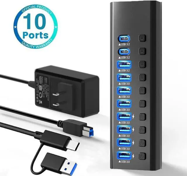 Main image of 10-Port USB 3.0/USB-C Hub with 7 Port USB 3.0 Ports, 2 Port USB-C 3.2 , 1 Port USB-A 3.2, USB Splitter with Individual On/Off Switches and 12V Power Adapter