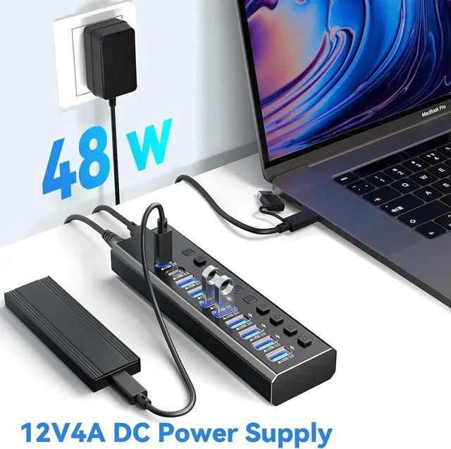 Alt view image 3 of 7 - 10-Port USB 3.0/USB-C Hub with 7 Port USB 3.0 Ports, 2 Port USB-C 3.2 , 1 Port USB-A 3.2, USB Splitter with Individual On/Off Switches and 12V Power Adapter