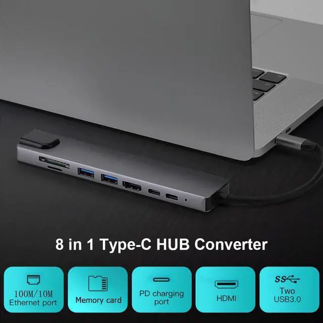 Alt view image 3 of 7 - USB C Hub, 8-in-1 Adapter with RJ45 Ethernet, 4K HDMI, 2 USB3.0, Micro SD/TF Card Reader, Type-C Data Port, USB-C PD 3.0, Compatible for Mac Pro and Other Type C