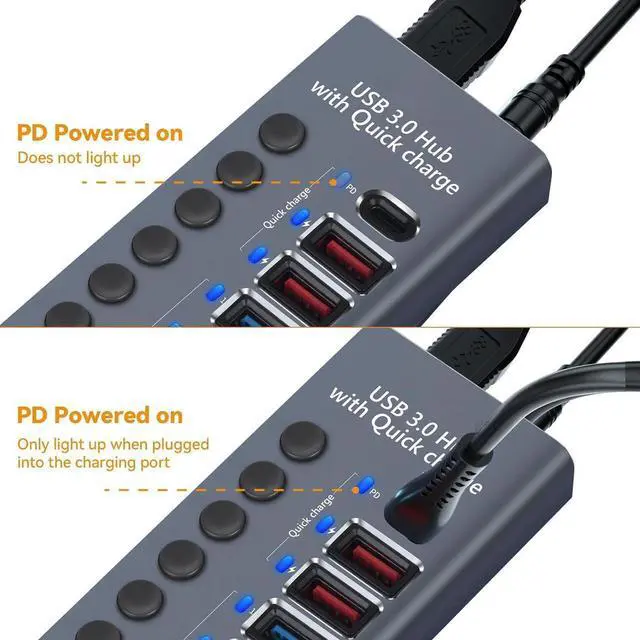 Alt view image 3 of 7 - Powered USB Hub, 7-Port USB Splitter Hub (4 USB 3.0 Data Transmission Ports + 2 Smart Charging Ports + 1 PD Charging Port) with Individual LED On/Off Switches with Power Adapter for Mac, PC