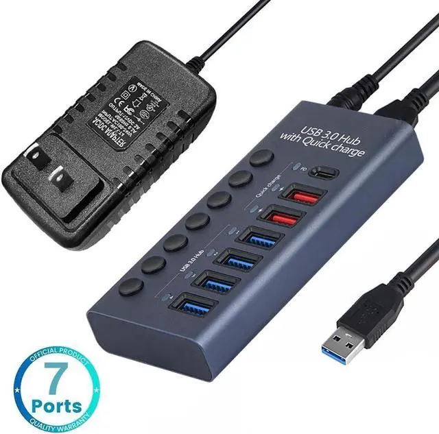 Main image of Powered USB Hub, 7-Port USB Splitter Hub (4 USB 3.0 Data Transmission Ports + 2 Smart Charging Ports + 1 PD Charging Port) with Individual LED On/Off Switches with Power Adapter for Mac, PC