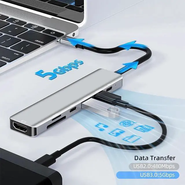 Alt view image 2 of 7 - 7-in-1 Powered USB-C Multiport Hub Adapter: 100W PD, 4K HDMI, USB-C Ports, USB 3.0, USB 2.0, SD/TF Card Reader - Compatible with Laptops, Computers, MacBook Pro/Air, and Other Type-C Devices