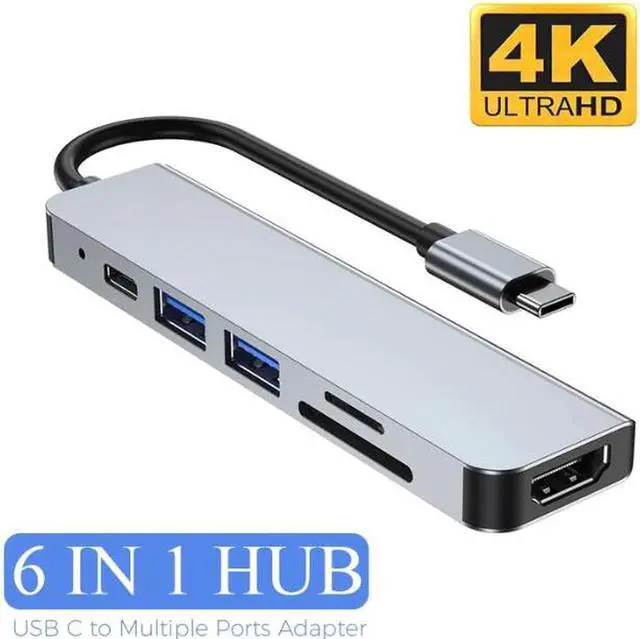 Main image of USB C Hub, 6 in 1 Aluminum USB Type C to HDMI, Ethernet, USB C PD Charging, SD TF Card Reader, 2 USB 3.0 Adapter, Compatible with MacBook Pro 2019/2018, iPad Pro 2018, Galaxy S10/S9