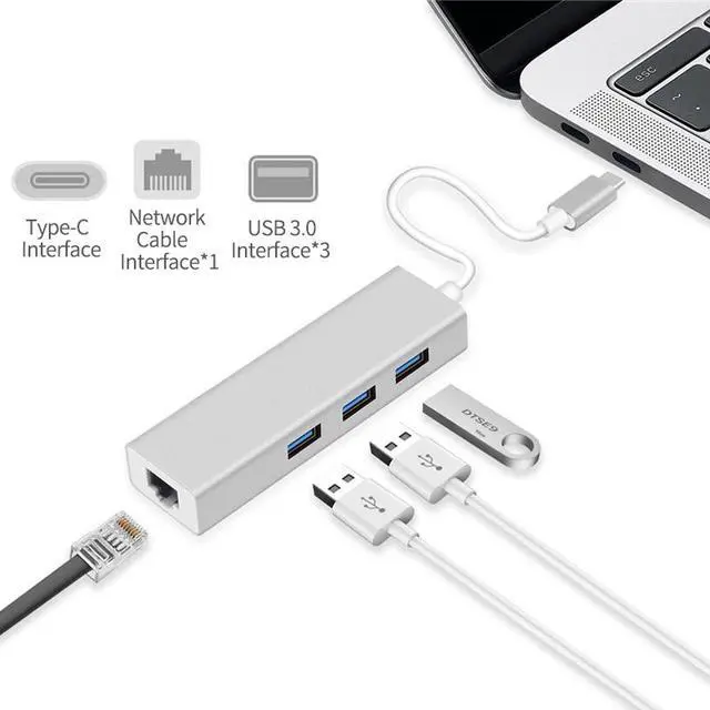 Alt view image 6 of 7 - USB C to Ethernet Adapter, USB 3.1 Type-C to 3 Port USB 3.0 Hub with RJ45 10/100/1000 Gigabit Ethernet LAN Wired Network Converter Compatible MacBook, Surface Go, HP, and More (Gray)
