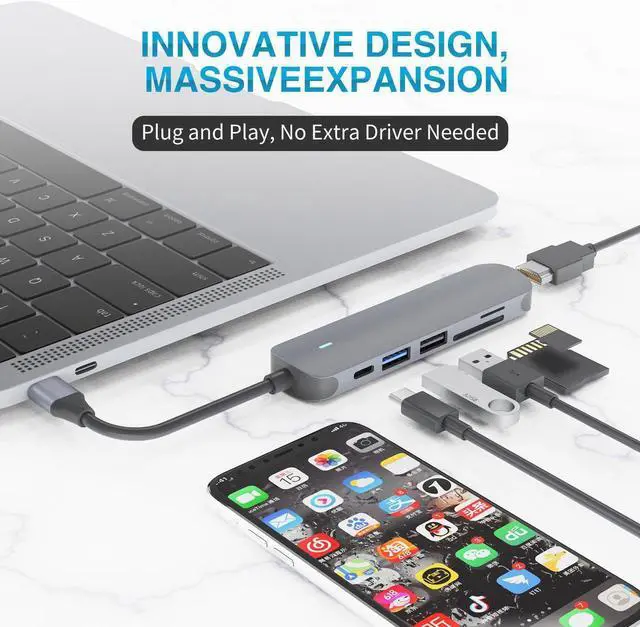 Alt view image 6 of 7 - Type-C Hub,6-IN-1 USB-C Hub with HDMI(4K) + 87W PD + USB3.0 + USB2.0 + SD/TF Card Reader for Surface Pro, XPS, MacBook Pro & Air and More USB C Devices