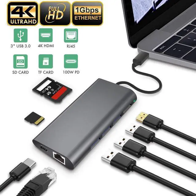 Main image of USB C Hub, 8-in-1 USB C Adapter with 4K HDMI, 1Gbps RJ45 Ethernet Port, 60W Power Delivery, SD/TF Card Reader, 3 USB 3.0 Ports, Compatible with MacBook/Pro/Air, Type C Windows Laptops