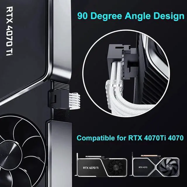 Alt view image 4 of 4 - 16Pin RTX 4070Ti Right Angled GPU Power Cable, PCI-e 5.0 16Pin(12+4) to 2x8Pin Male to Female 12VHPWR 90 Degree Angle Sleeved Extension Cable for Geforce RTX 4070Ti 4070 Super-13 inch White