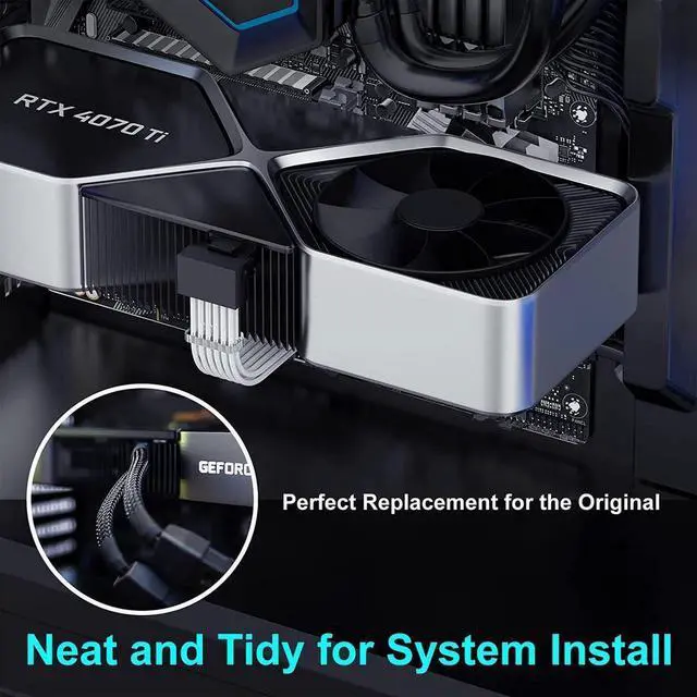 Alt view image 3 of 4 - 16Pin RTX 4070Ti Right Angled GPU Power Cable, PCI-e 5.0 16Pin(12+4) to 2x8Pin Male to Female 12VHPWR 90 Degree Angle Sleeved Extension Cable for Geforce RTX 4070Ti 4070 Super-13 inch White