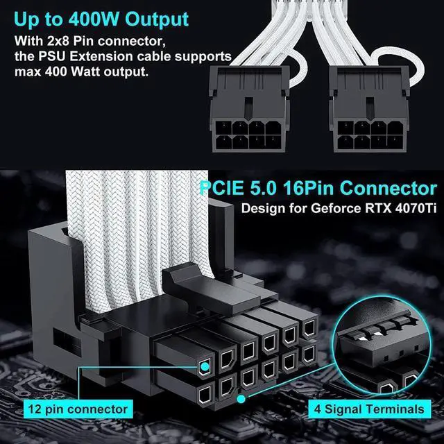 Alt view image 2 of 4 - 16Pin RTX 4070Ti Right Angled GPU Power Cable, PCI-e 5.0 16Pin(12+4) to 2x8Pin Male to Female 12VHPWR 90 Degree Angle Sleeved Extension Cable for Geforce RTX 4070Ti 4070 Super-13 inch White