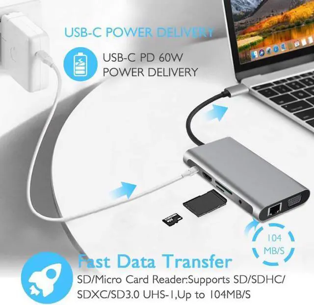 Alt view image 2 of 7 - USB C Hub, 10 in 1 USB C Adapter with 4K HDMI& VGA Ports, RJ45 Ethernet LAN Port, SD/TF Cards Reader Port, 3 USB Ports, Type-C Power Delivery and 3.5mm Audio Output for 2018 MacBook, XPS 2017 and More