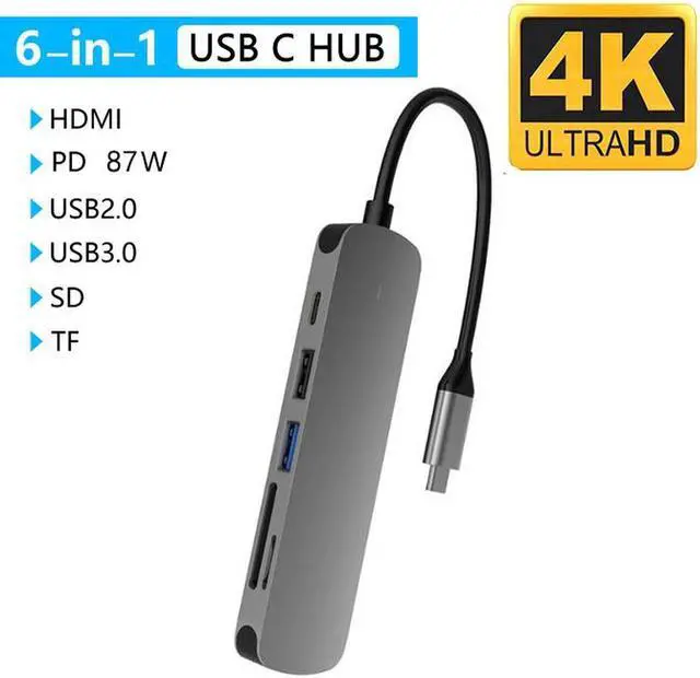Main image of USB C Hub 6 in 1 Type-C Adapter Multiport (USB 3.0/2.0+SD/TF Card Reader+4K HDMI+Type-C Port) Compatible for MacBook Pro/iPad Pro/HW MateBook/Chromebook and Other Type C Devices