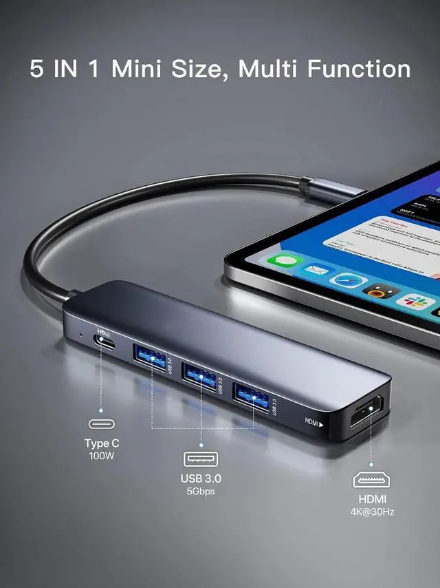 Alt view image 2 of 7 - USB C Hub 5 in 1 Multiport Adapter 4K HDMI, 100W Power Delivery, 3 USB 3.0 Data Ports (5Gbps), USB C Dongle for MacBook Pro/Air, iPad Pro, iMac, iPhone 15 Pro/Pro Max, XPS