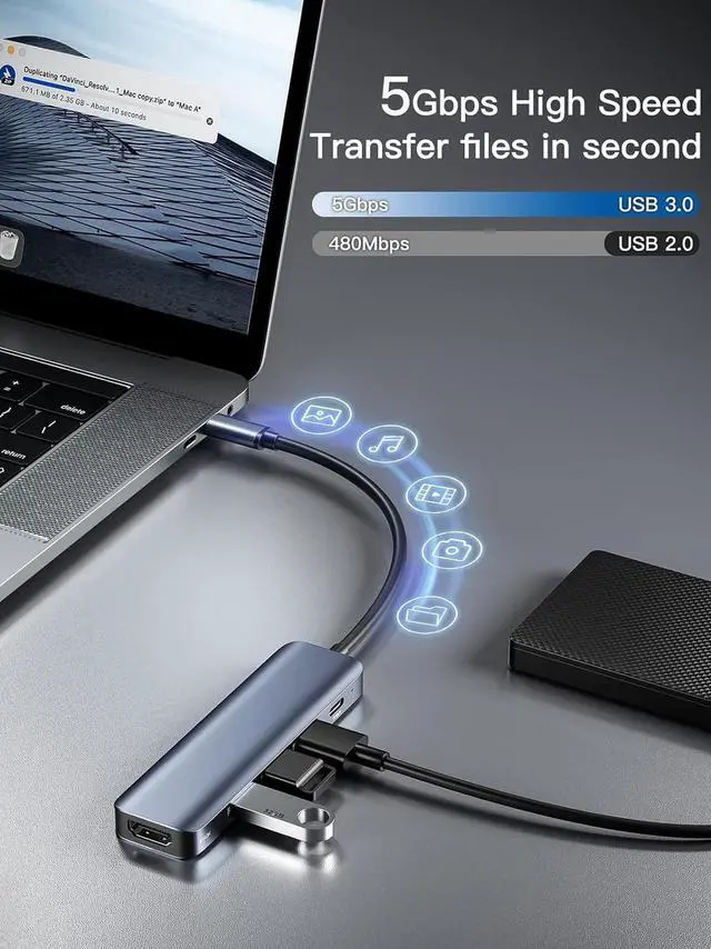 Alt view image 3 of 7 - USB C Hub 5 in 1 Multiport Adapter 4K HDMI, 100W Power Delivery, 3 USB 3.0 Data Ports (5Gbps), USB C Dongle for MacBook Pro/Air, iPad Pro, iMac, iPhone 15 Pro/Pro Max, XPS