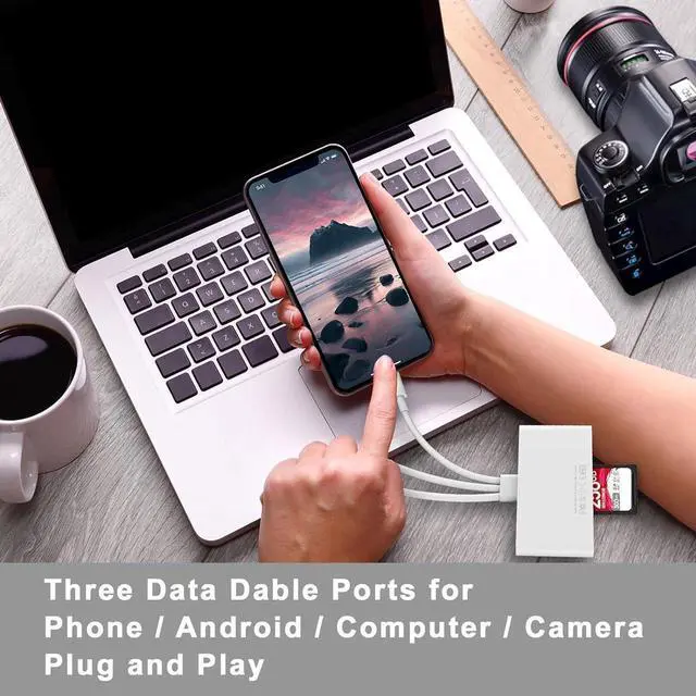 Alt view image 4 of 7 - 5-in-3 Memory Card Reader Universal Card Reader for iPhone/iPad with USB/USB C Connector & SD/TF Card Slots USB OTG Adapters Supports SD/Micro SD/SDHC/SDXC/MMC Memory Cards Plug and Play