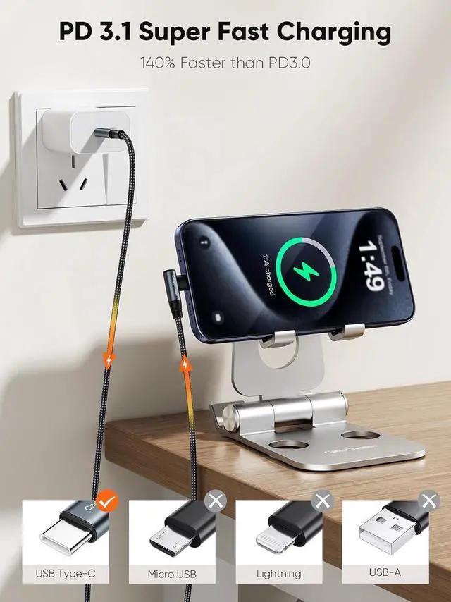 Alt view image 6 of 7 - USB C to USB C Cable Right Angle 240W Fast Charging Type C Braided C Cord for iPhone 15 16 Pro Max, MacBook Pro/Air, iPad Pro/Air, S24/S23+, Pixel 9, Compatible 140/100/60W 10 ft.