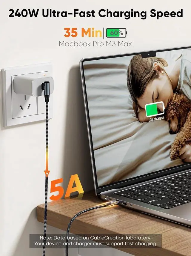 Alt view image 2 of 7 - USB C to USB C Cable Right Angle 240W Fast Charging Type C Braided C Cord for iPhone 15 16 Pro Max, MacBook Pro/Air, iPad Pro/Air, S24/S23+, Pixel 9, Compatible 140/100/60W 10 ft.