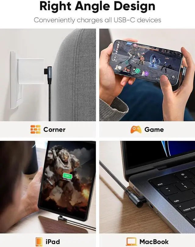 Alt view image 5 of 7 - USB C to USB C Cable Right Angle 240W Fast Charging Type C Braided C Cord for iPhone 15 16 Pro Max, MacBook Pro/Air, iPad Pro/Air, S24/S23+, Pixel 9, Compatible 140/100/60W 10 ft.