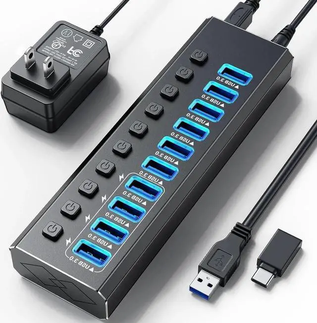 Main image of Powered USB Hub 3.0, 10-Port USB Data Hub Splitter (10 Data Transfer Ports+ 4 Smart Charging), Individual On/Off Switches and 12V Power Adapter USB Extension for MacBook, Mac Pro/Mini and More
