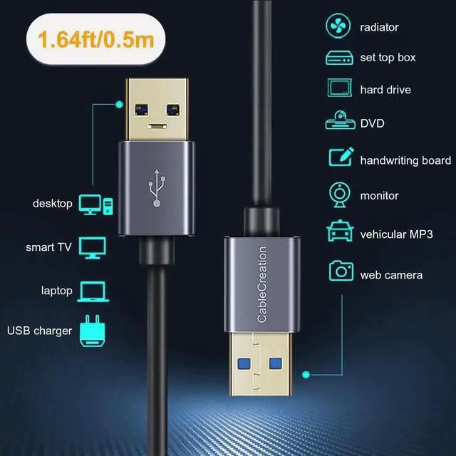 Alt view image 2 of 7 - Short USB to USB Cable, USB 3.0 Type A Male to Male Cable, Compatible with External Hard Drive, Camera, Handwriting Board, Radiator and More, Space Gray, Aluminum Case, 1.6ft