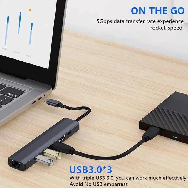 Alt view image 4 of 7 - USB to Ethernet Adapter Gigabit | 3-Port USB3.0 Hub | 100W PD Charging | HDMI 4K 30Hz Video Output,Aluminum 6-in-1 USB-C to LAN Network Converter for Surface Pro,Chromebook and Laptop