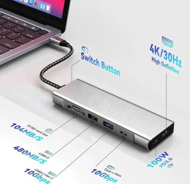 Alt view image 6 of 7 - 8-in-1 USB C Docking Station with USB-C to M.2 NVMe/SATA SSD Enclosure 10Gbps, 4K HDMI, 10Gbps USB 3.2,USB-A, 10Gbps USB C, 100W PD, SD/TF Card Reader for MacBook/USB-C Laptop