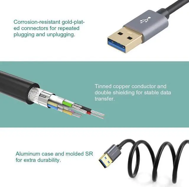 Alt view image 5 of 7 - USB 3.0 Cable, USB Type A Male to Male Cable, Compatible External Hard Drive, Camera, Handwriting Board, Radiator and More, Space Gray, Aluminum Case, 3.3ft