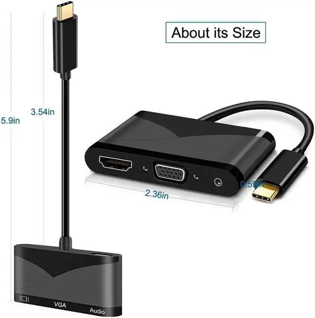 Alt view image 6 of 7 - USB C to HDMI + VGA Audio Adapter, USB Type C (Thunderbolt 3 Compatible) to HDMI 4K+VGA Video Converter, for 2017 New MacBook Pro/Chromebook Pixel/ThinkPad T470 /Samsung Galaxy S8/S8