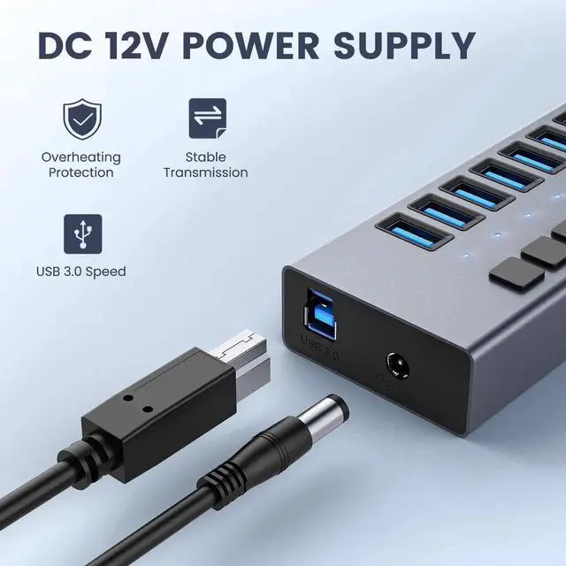 Alt view image 4 of 7 - Powered USB Hub, 10-Port USB 3.0 Hub Splitter (10 USB 3.0 Data Ports + Charging Ports) with Individual LED On/Off Switches for USB Flash Drives, Mobile HDD, Printer, Camera and More