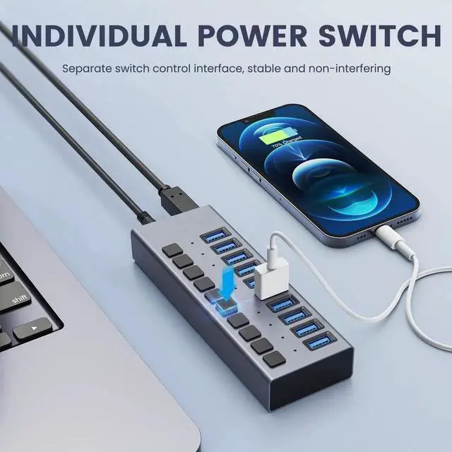 Alt view image 3 of 7 - Powered USB Hub, 10-Port USB 3.0 Hub Splitter (10 USB 3.0 Data Ports + Charging Ports) with Individual LED On/Off Switches for USB Flash Drives, Mobile HDD, Printer, Camera and More