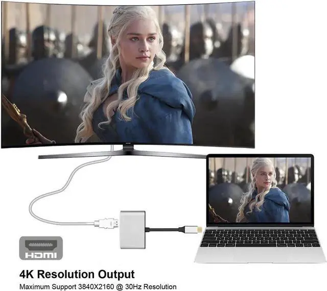 Alt view image 2 of 6 - USB C to HDMI + VGA, USB Type C (Thunderbolt 3 Compatible) to HDMI 4K+VGA Adapter, Compatible Macbook Pro/Chromebook Pixel/Dell XPS 13/Yoga 910,iPad Pro 2018,Macbook Air 2018