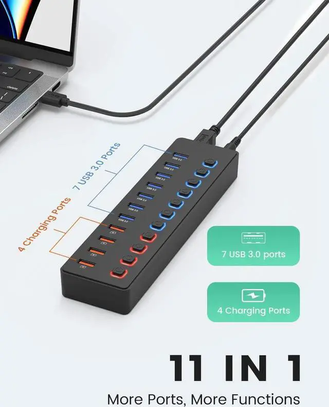 Alt view image 5 of 7 - 11-Port USB A Data Hub with 36W Power Adapter, 7 Faster Data Transfer Ports + 4 Smart Charging Ports, Individual On/Off Switches, 12V/3A DC Power Adapter for Laptops, PC