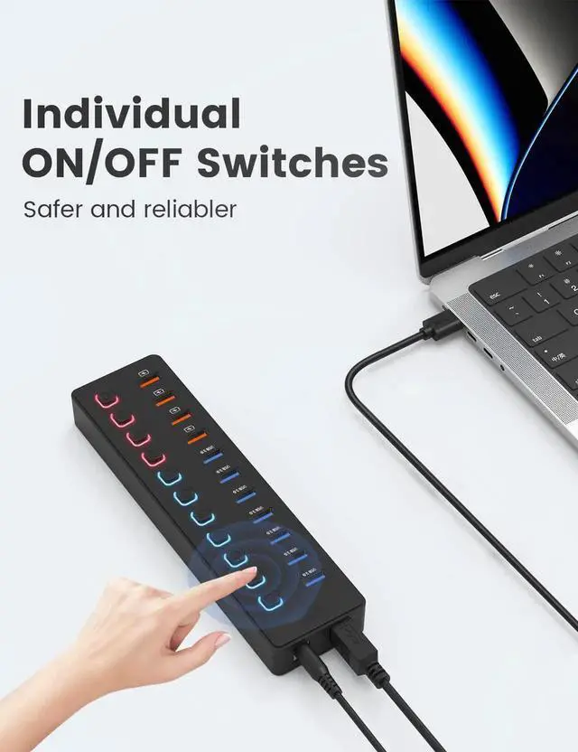 Alt view image 2 of 7 - 11-Port USB A Data Hub with 36W Power Adapter, 7 Faster Data Transfer Ports + 4 Smart Charging Ports, Individual On/Off Switches, 12V/3A DC Power Adapter for Laptops, PC