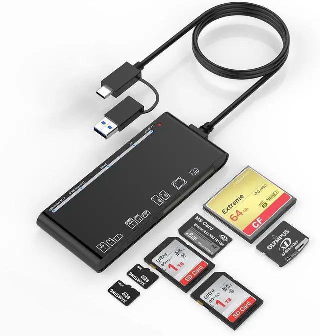 Main image of 7 in 2 USB 3.0/USB C Card Reader - Plug & Play, Compatible with Apple & Windows, Supports SD SDXC SDHC CF CFI TF Micro SD Micro SDXC Micro SDHC MS MMC UHS-I Cards