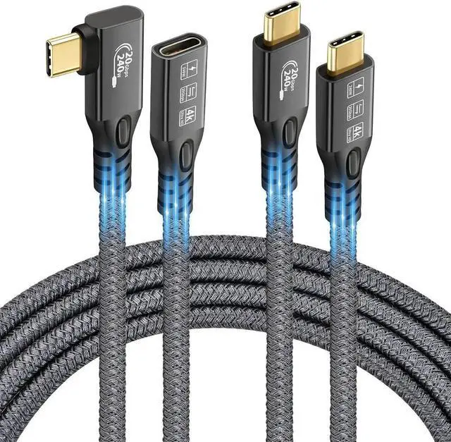 Main image of 20Gbps/240W/USB C 3.2 Gen 2 Cable 2Pack (M/M Straight Cable 3FT + M/F 90 Degree Cable 3FT),4K@60Hz Video and Audio Output Cord,48V/5A USB C Male Cable,Suport Thunderbolt 3 for MacBook,Monitor