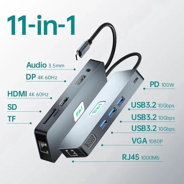 Alt view image 4 of 7 - 11-in-1 USB C Docking Station Triple Monitor with USB-C to 4K60Hz HDMI, 4K60Hz DP, 1*VGA, 3*10Gbps USB 3.2,100W PD, SD/TF Card Reader, Ethernet,100W PD, 3.5mm Audio for MacBook/Dell/HP/Lenovo