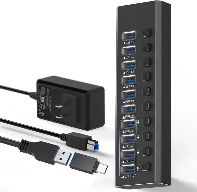Main image of 10-Port USB A Data Hub with 48W Power Adapter, 10 Data Transfer Ports with 4*USB 3.0 Smart Charging, Individual On/Off Switches, 12V/4A DC Power Adapter for Laptops, PC