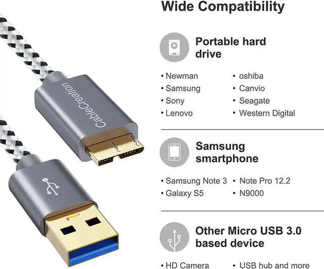 Alt view image 7 of 7 - 6.6 FT Hard Drive Cable, USB 3.0 Micro Cable, USB 3.0 A to Micro B Cord Compatible with External Hard Drive, HD Camera, Charging Samsung Galaxy S5, Note 3/N9000 2M, Space Gray Aluminum