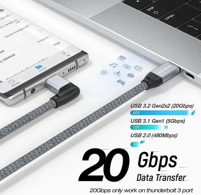 Alt view image 5 of 7 - USB C to USB C Cable 100W, 20Gbps 90 Degree Right Angle 4K@60Hz Video Output Cable (USB C 3.1 & 3.2 Compatible) with E-Marker for Thunderbolt 3, Oculus Quest, MacBook, iPad Pro, Pixel, Switch, 3.3FT