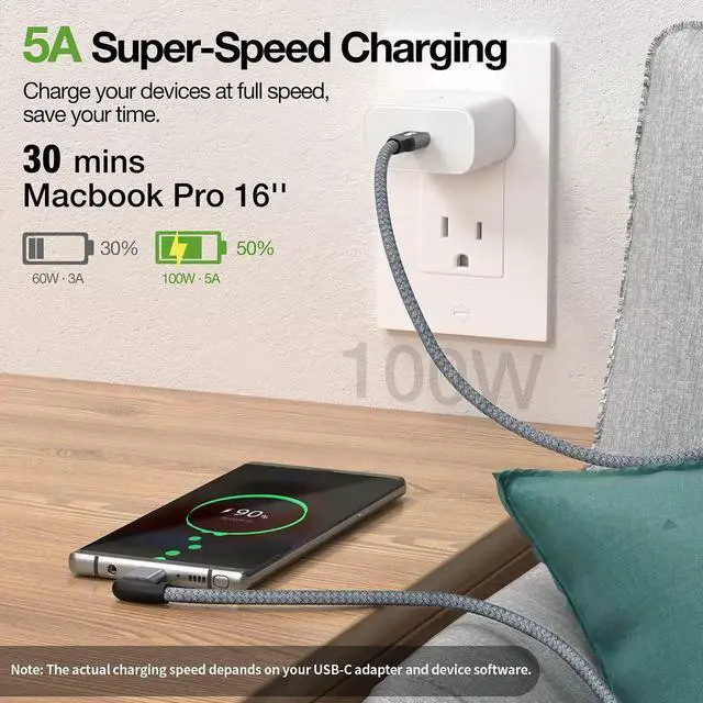 Alt view image 6 of 7 - USB C to USB C Cable 100W, 20Gbps 90 Degree Right Angle 4K@60Hz Video Output Cable (USB C 3.1 & 3.2 Compatible) with E-Marker for Thunderbolt 3, Oculus Quest, MacBook, iPad Pro, Pixel, Switch, 3.3FT